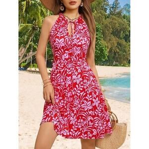 HUHOT Women's Red Floral Halter Neck Mini Dress Vacation Beach Resort Size L NWT